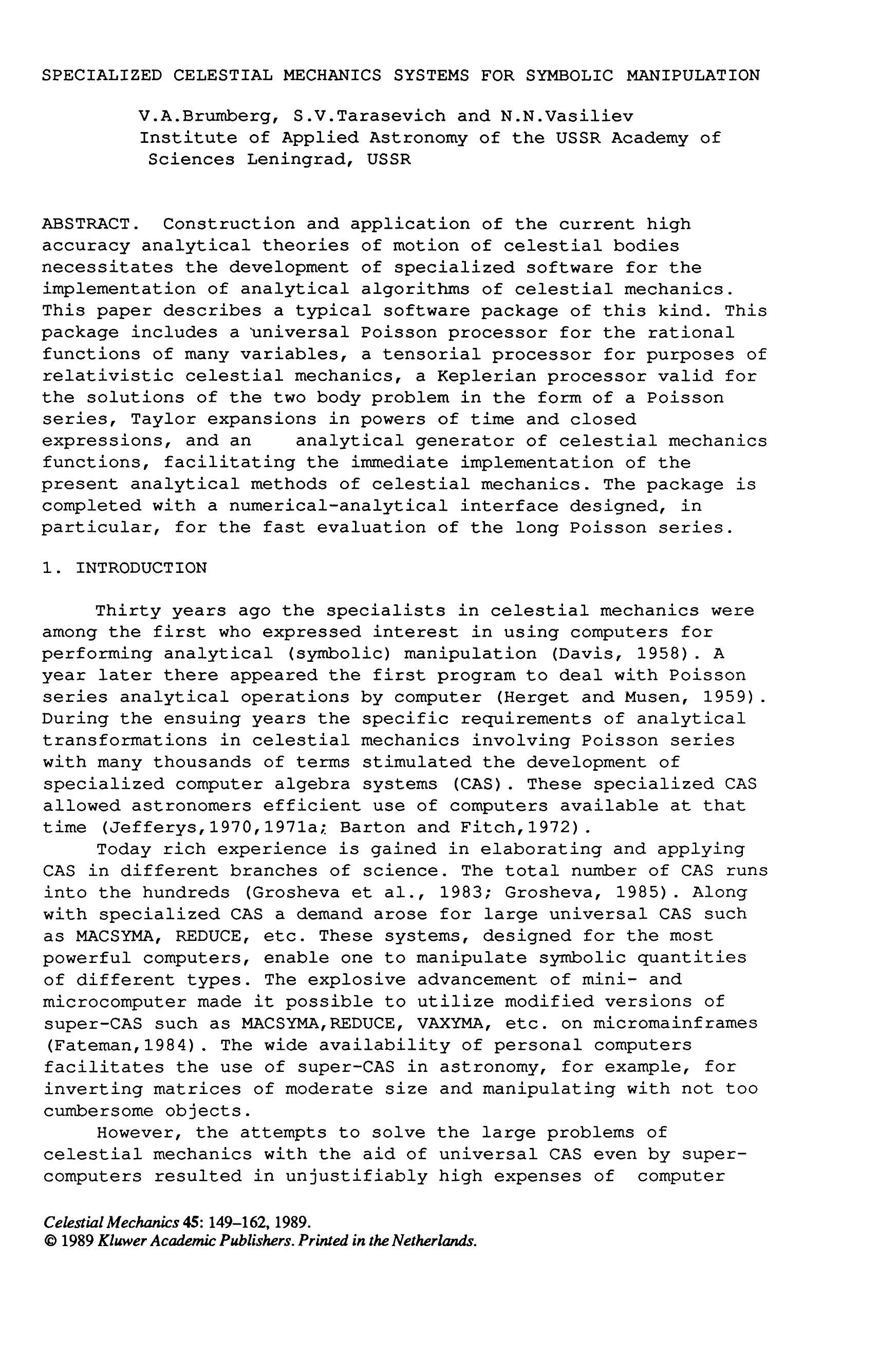 Specialized celestial mechanics systems for symbolic manipulation by Unknown