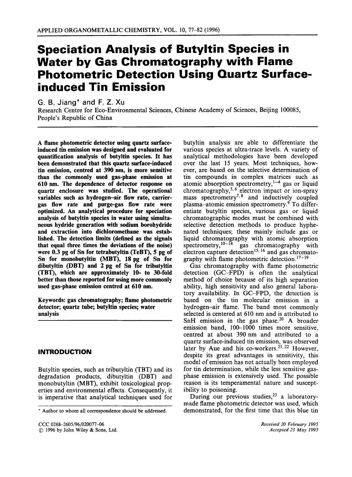 Speciation Analysis of Butyltin Species in Water by Gas Chromatography with Flame Photometric Detection Using Quartz Surface-induced Tin Emission by Unknown