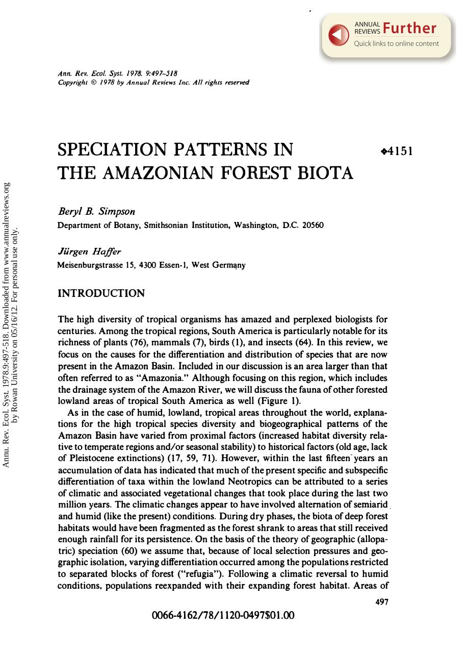 Speciation Patterns in the Amazonian Forest Biota by B B Simpson & and J Haffer
