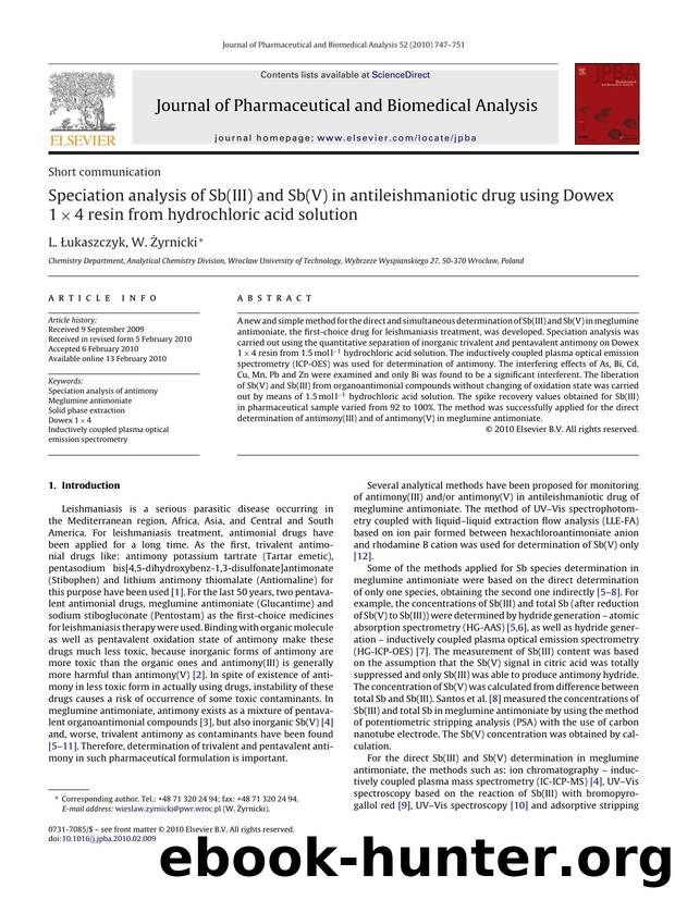 Speciation analysis of Sb(III) and Sb(V) in antileishmaniotic drug using Dowex 1Ãâ4 resin from hydrochloric acid solution by L. Å•ukaszczyk; W. Å»yrnicki