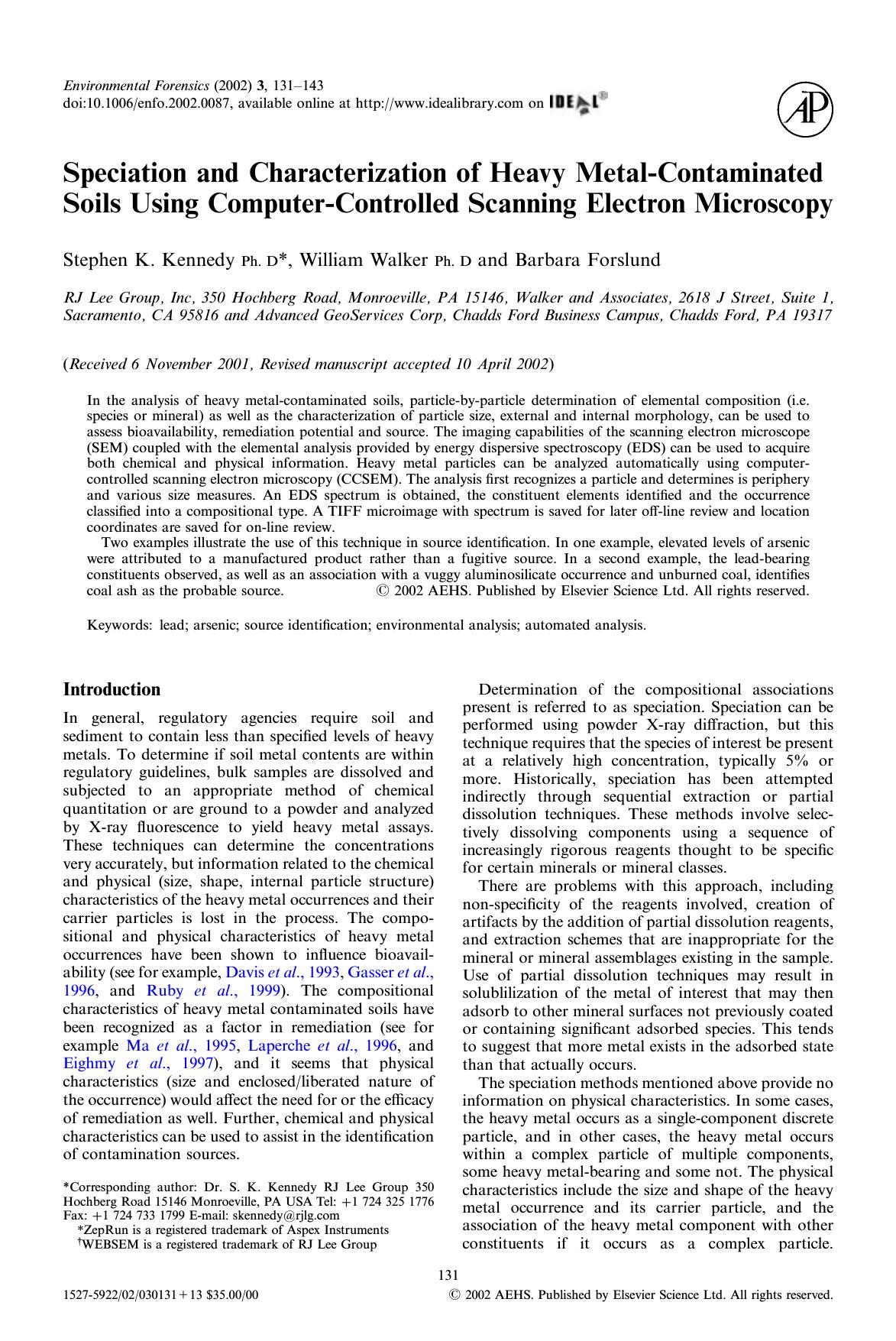 Speciation and Characterization of Heavy Metal-Contaminated Soils Using Computer-Controlled Scanning Electron Microscopy by Kennedy S. K. et al