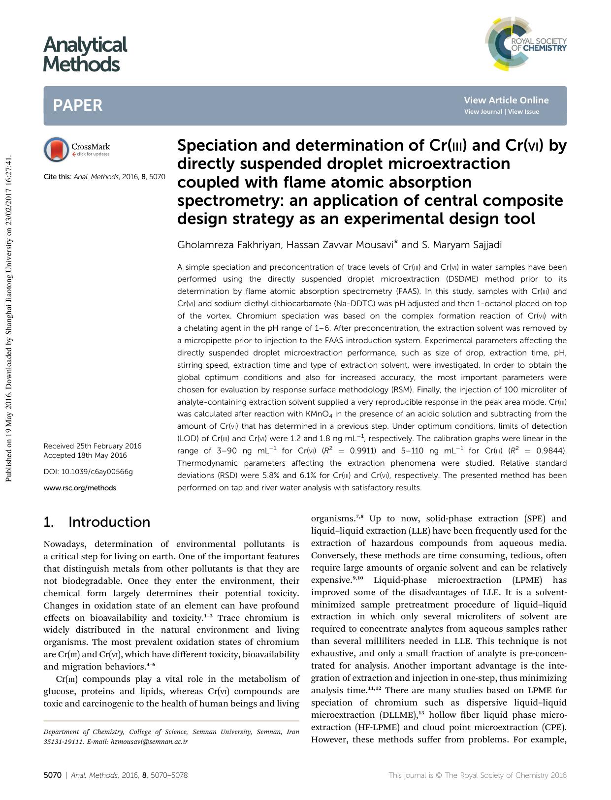 Speciation and determination of Cr(iii) and Cr(vi) by directly suspended droplet microextraction coupled with flame atomic absorption spectrometry: an application of central compos by Gholamreza Fakhriyan & Hassan Zavvar Mousavi & S. Maryam Sajjadi