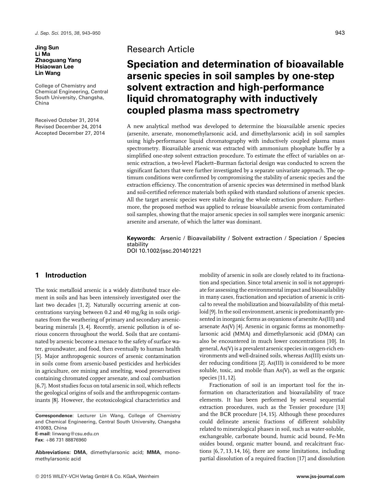 Speciation and determination of bioavailable arsenic species in soil samples by one&#x02010;step solvent extraction and high&#x02010;performance liquid chromatography wit by Unknown