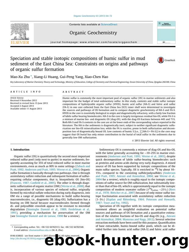 Speciation and stable isotopic compositions of humic sulfur in mud sediment of the East China Sea: Constraints on origins and pathways of organic sulfur formation by Mao-Xu Zhu & Xiang-Li Huang & Gui-Peng Yang & Xiao-Chen Hao
