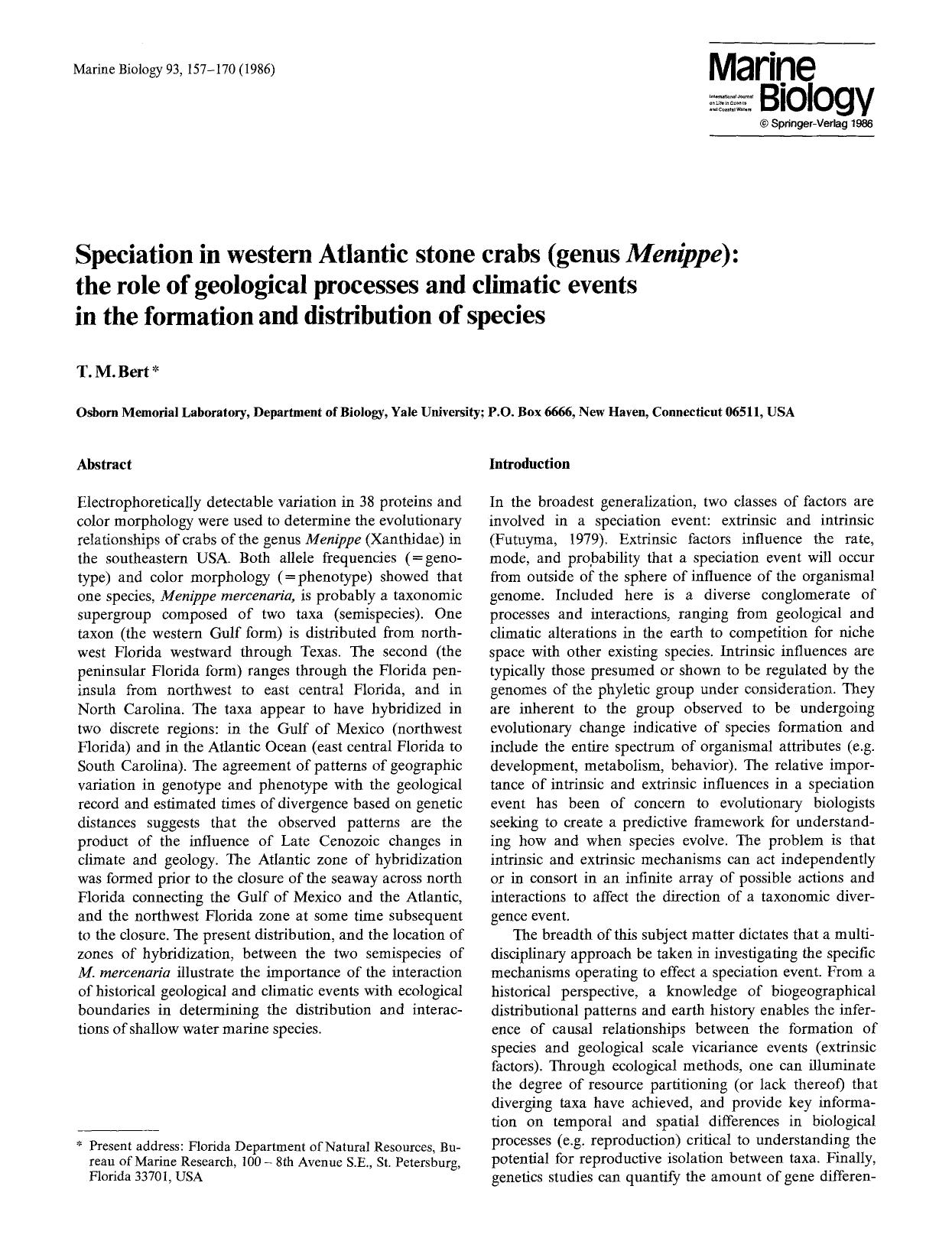 Speciation in western Atlantic stone crabs (genus <Emphasis Type="Italic">Menippe<Emphasis>): the role of geological processes and climatic events in the formation and distribution of species by Unknown