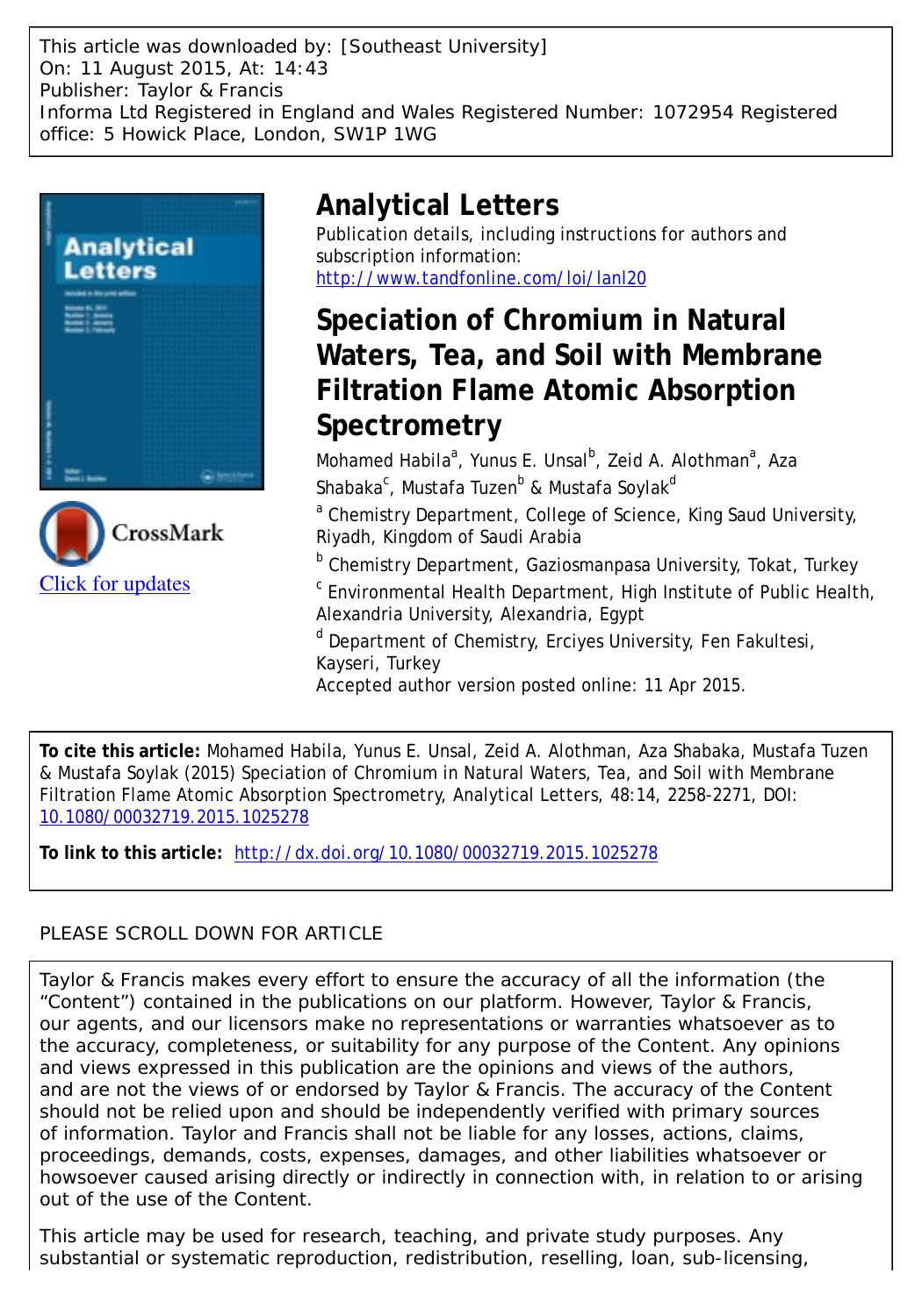Speciation of Chromium in Natural Waters, Tea, and Soil with Membrane Filtration Flame Atomic Absorption Spectrometry by Mohamed Habila