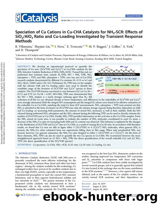 Speciation of Cu Cations in Cu-CHA Catalysts for NH3-SCR: Effects of SiO2AlO3 Ratio and Cu-Loading Investigated by Transient Response Methods by R. Villamaina Shaojun Liu I. Nova E. Tronconi M. P. Ruggeri J. Collier A. York & D. Thompsett
