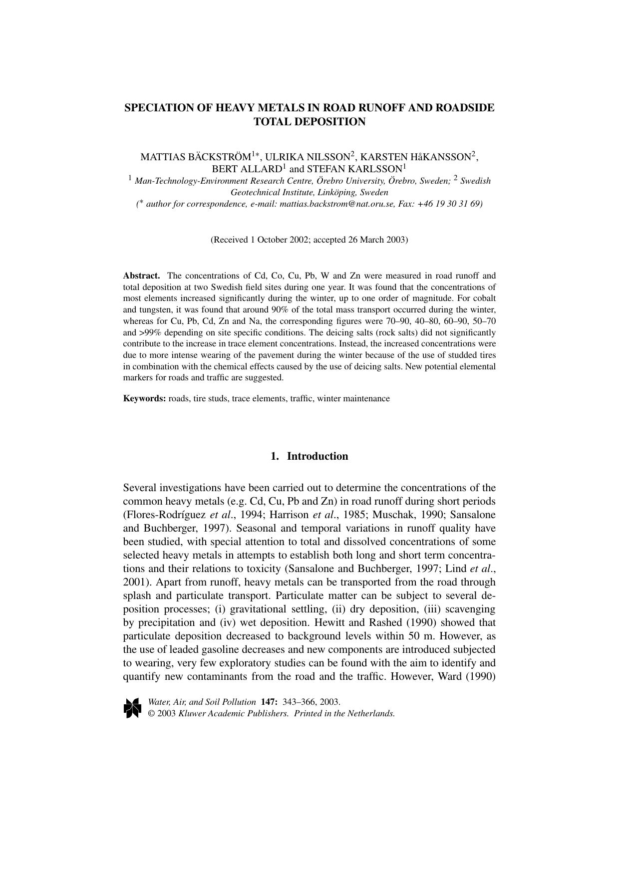 Speciation of Heavy Metals in Road Runoff and Roadside Total Deposition by Unknown