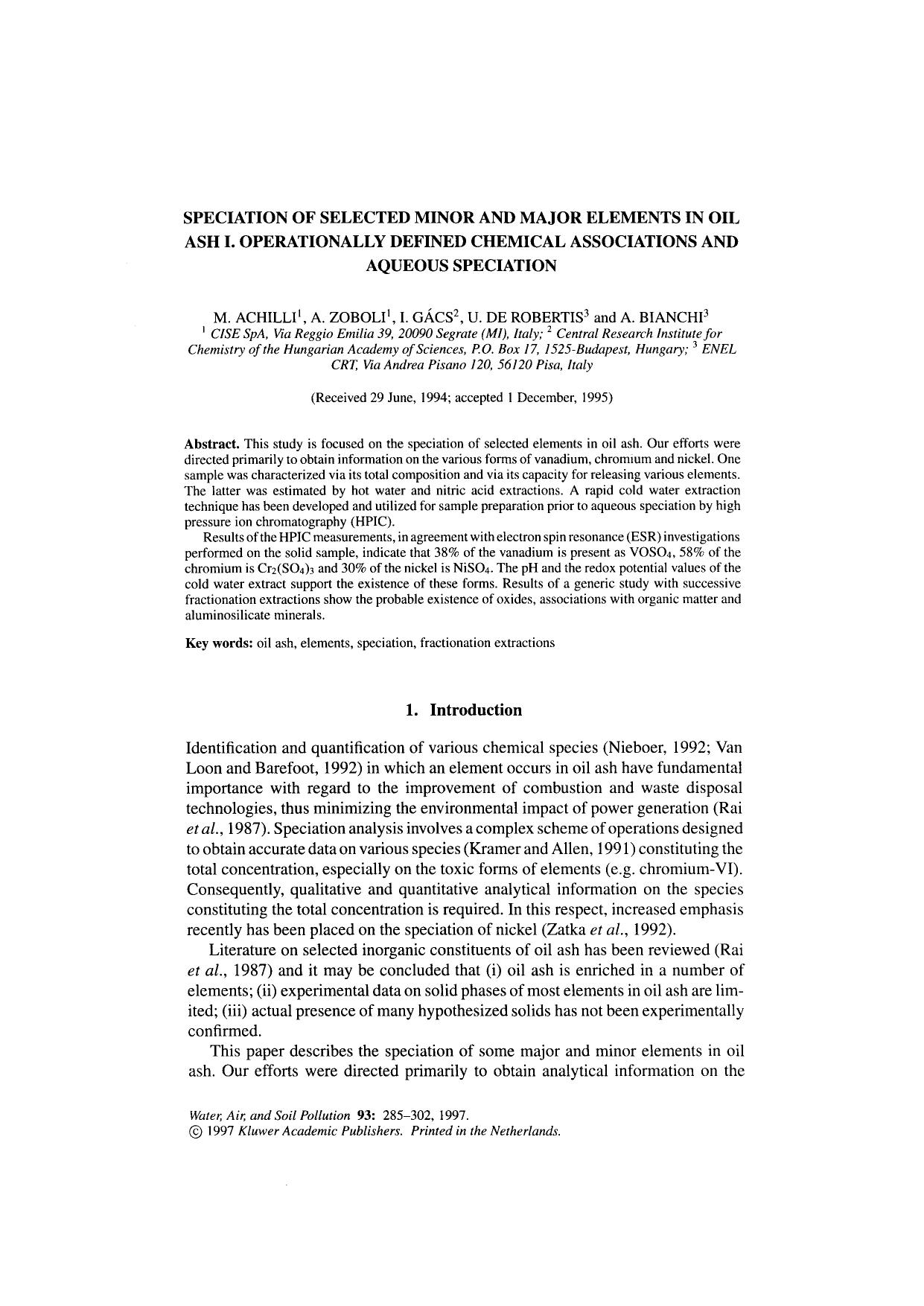 Speciation of Selected Minor and Major Elements in Oil Ash I. Operationally Defined Chemical Associations and Aqueous Speciation by Unknown