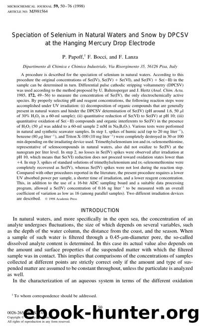 Speciation of Selenium in Natural Waters and Snow by DPCSV at the Hanging Mercury Drop Electrode by Papoff P. et al