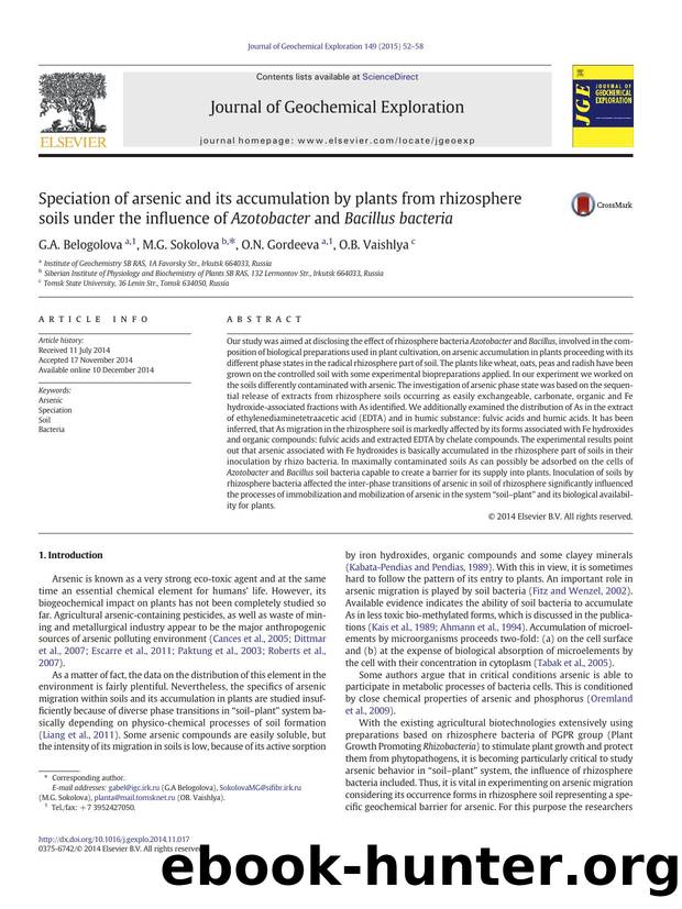 Speciation of arsenic and its accumulation by plants from rhizosphere soils under the influence of Azotobacter and Bacillus bacteria by G.А. Belogolova & M.G. Sokolova & О.N. Gordeeva & О.B. Vaishlya