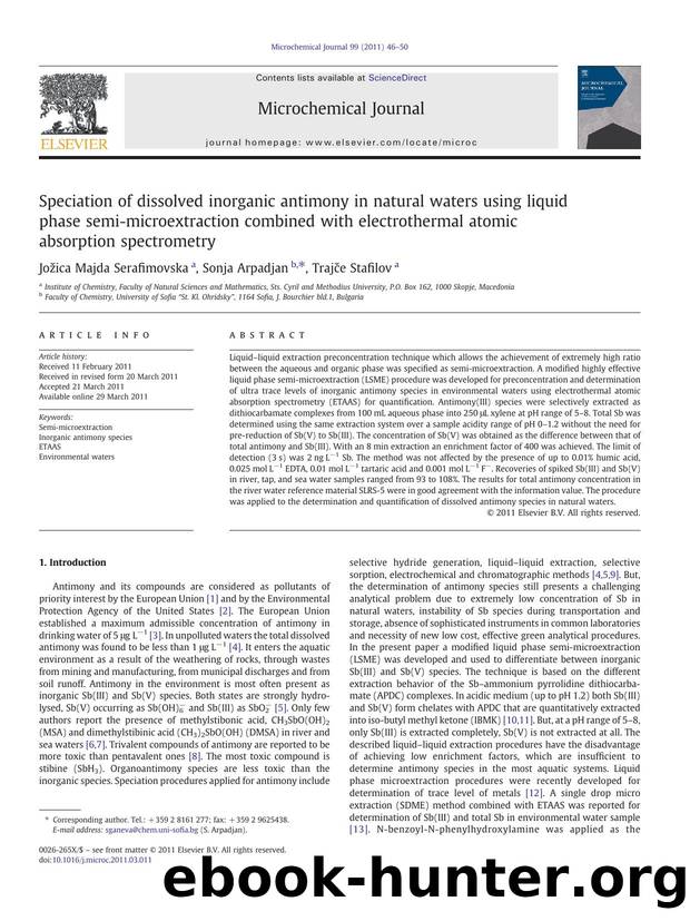 Speciation of dissolved inorganic antimony in natural waters using liquid phase semi-microextraction combined with electrothermal atomic absorption spectrometry by Jožica Majda Serafimovska & Sonja Arpadjan & Trajče Stafilov