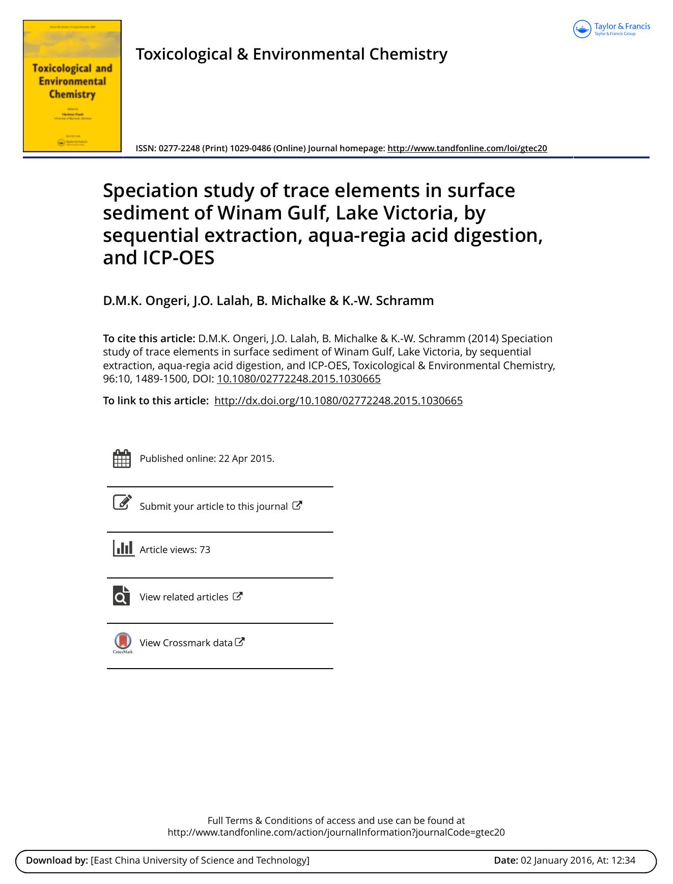 Speciation study of trace elements in surface sediment of Winam Gulf, Lake Victoria, by sequential extraction, aqua-regia acid digestion, and ICP-OES by D.M.K. Ongeri
