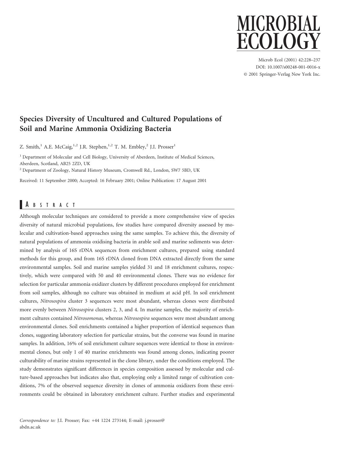 Species Diversity of Uncultured and Cultured Populations of Soil and Marine Ammonia Oxidizing Bacteria by Smith Z. et al