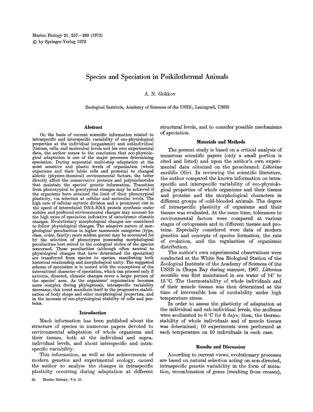 Species and speciation in poikilothermal animals by Unknown