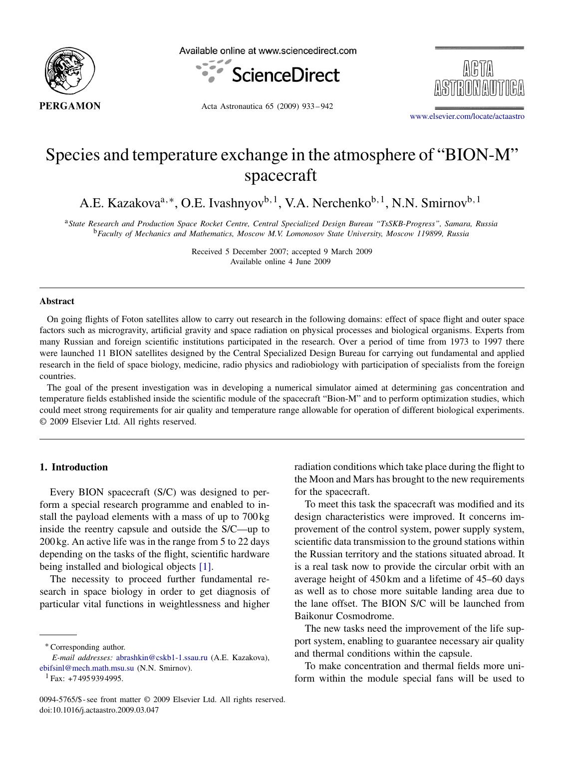 Species and temperature exchange in the atmosphere of âBION-Mâ spacecraft by A.E. Kazakova; O.E. Ivashnyov; V.A. Nerchenko; N.N. Smirnov