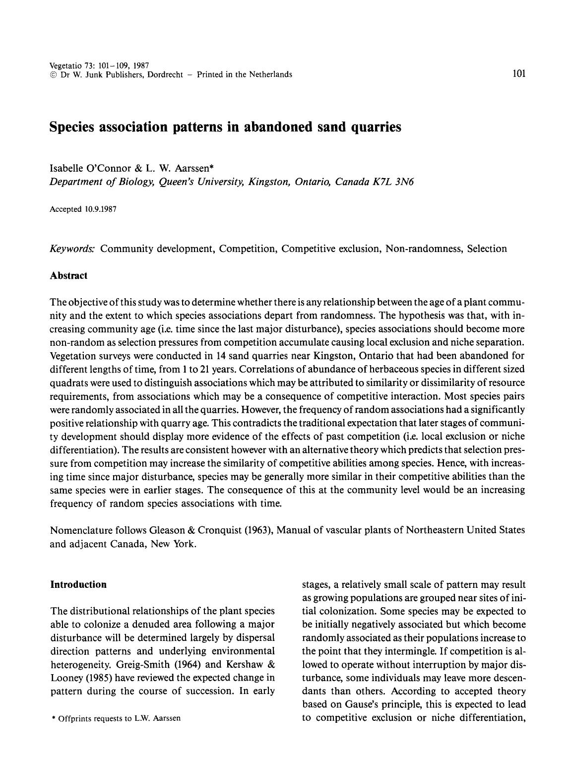 Species association patterns in abandoned sand quarries by Unknown