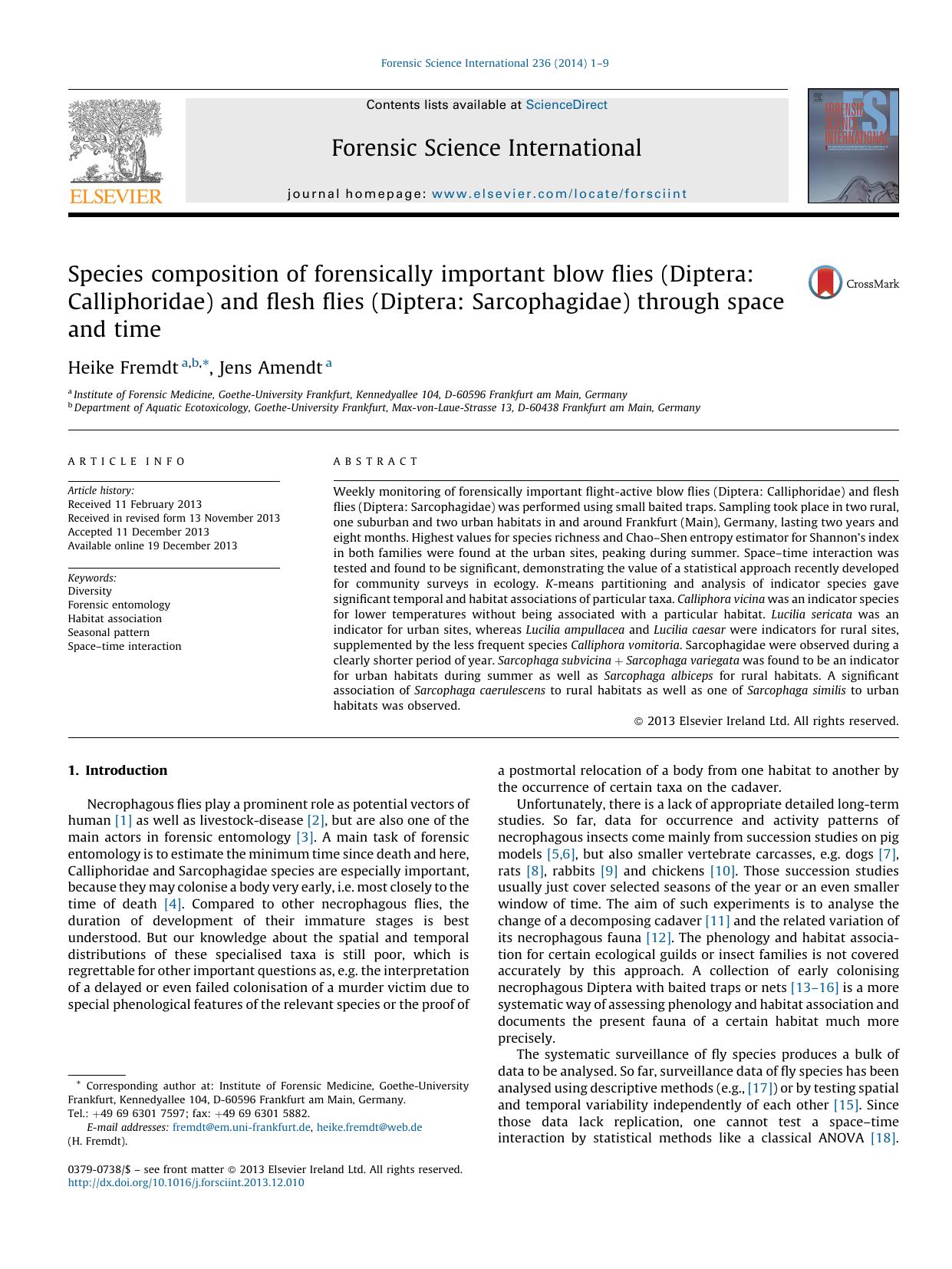 Species composition of forensically important blow flies (Diptera: Calliphoridae) and flesh flies (Diptera: Sarcophagidae) through space and time by Heike Fremdt