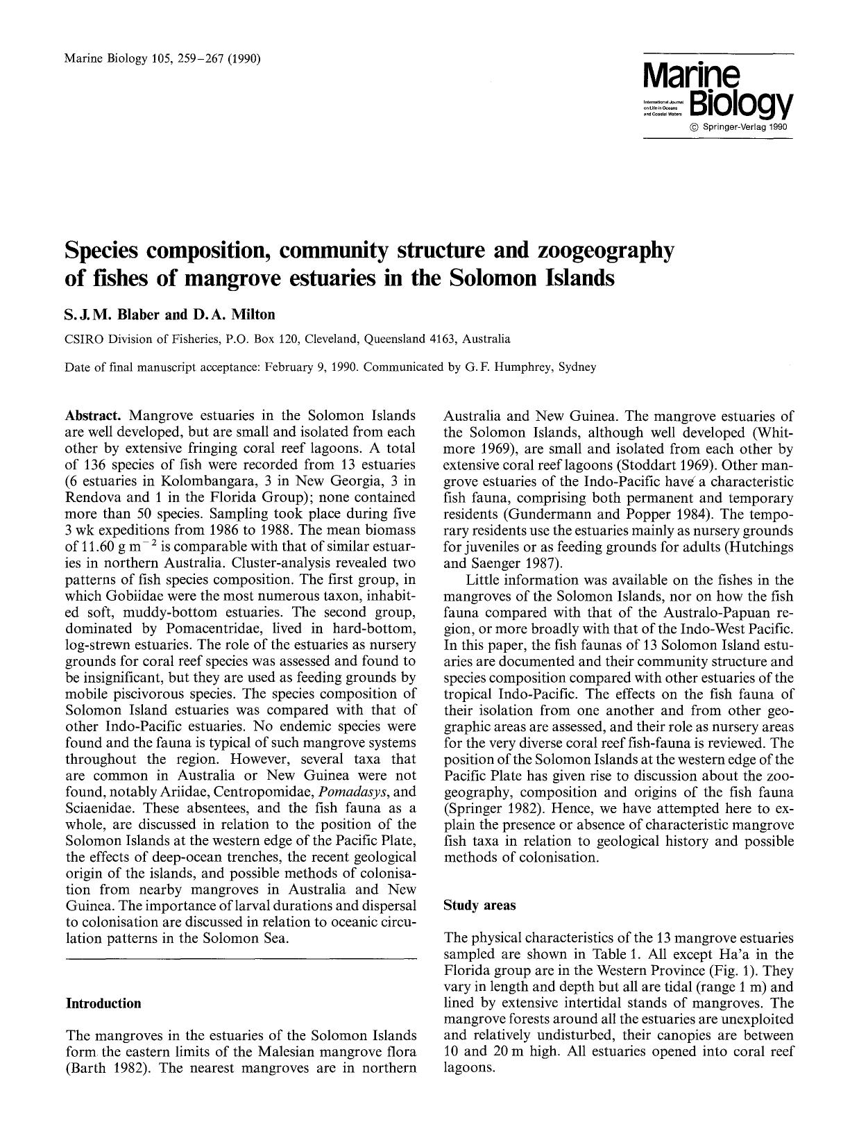 Species composition, community structure and zoogeography of fishes of mangrove estuaries in the Solomon Islands by Unknown