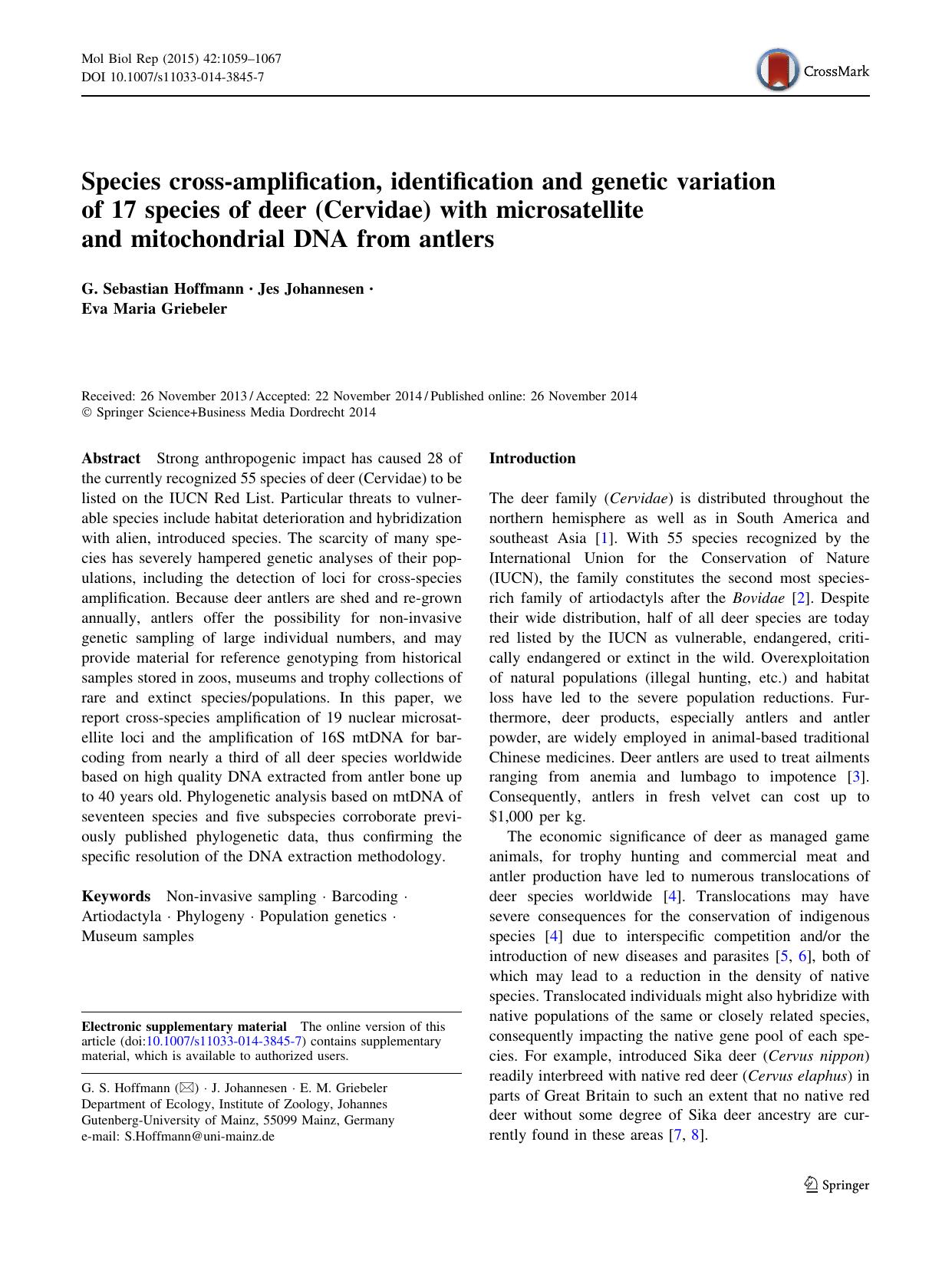 Species cross-amplification, identification and genetic variation of 17 species of deer (Cervidae) with microsatellite and mitochondrial DNA from antlers by G. Sebastian Hoffmann & Jes Johannesen & Eva Maria Griebeler