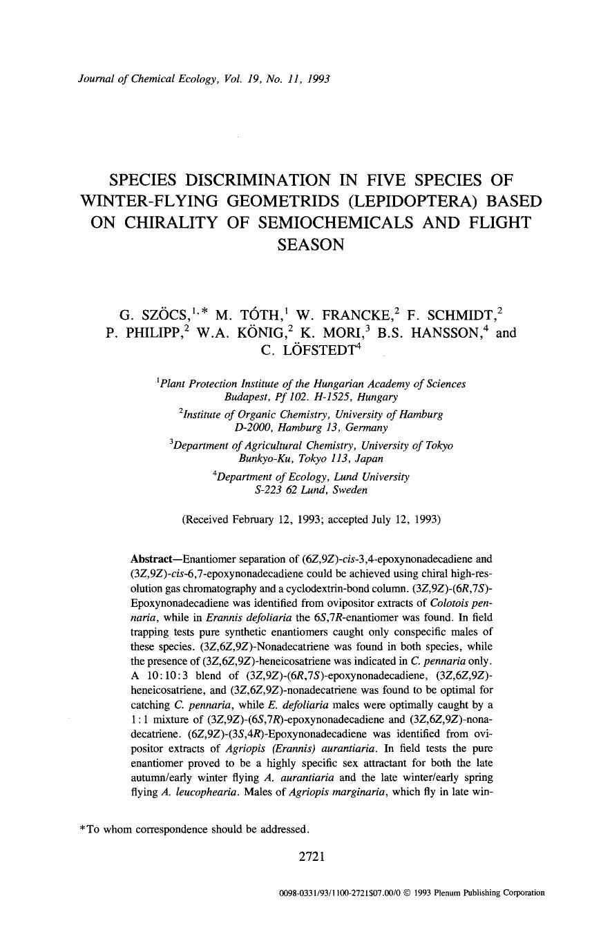 Species discrimination in five species of winter-flying geometrids (Lepidoptera) based on chirality of semiochemicals and flight season by Unknown
