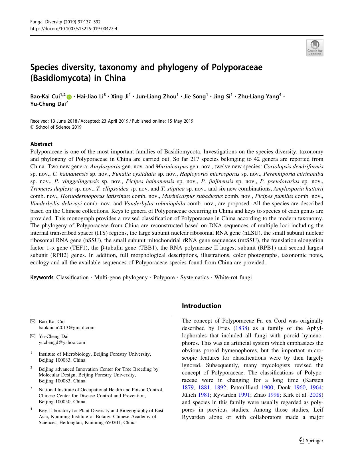 Species diversity, taxonomy and phylogeny of Polyporaceae (Basidiomycota) in China by unknow