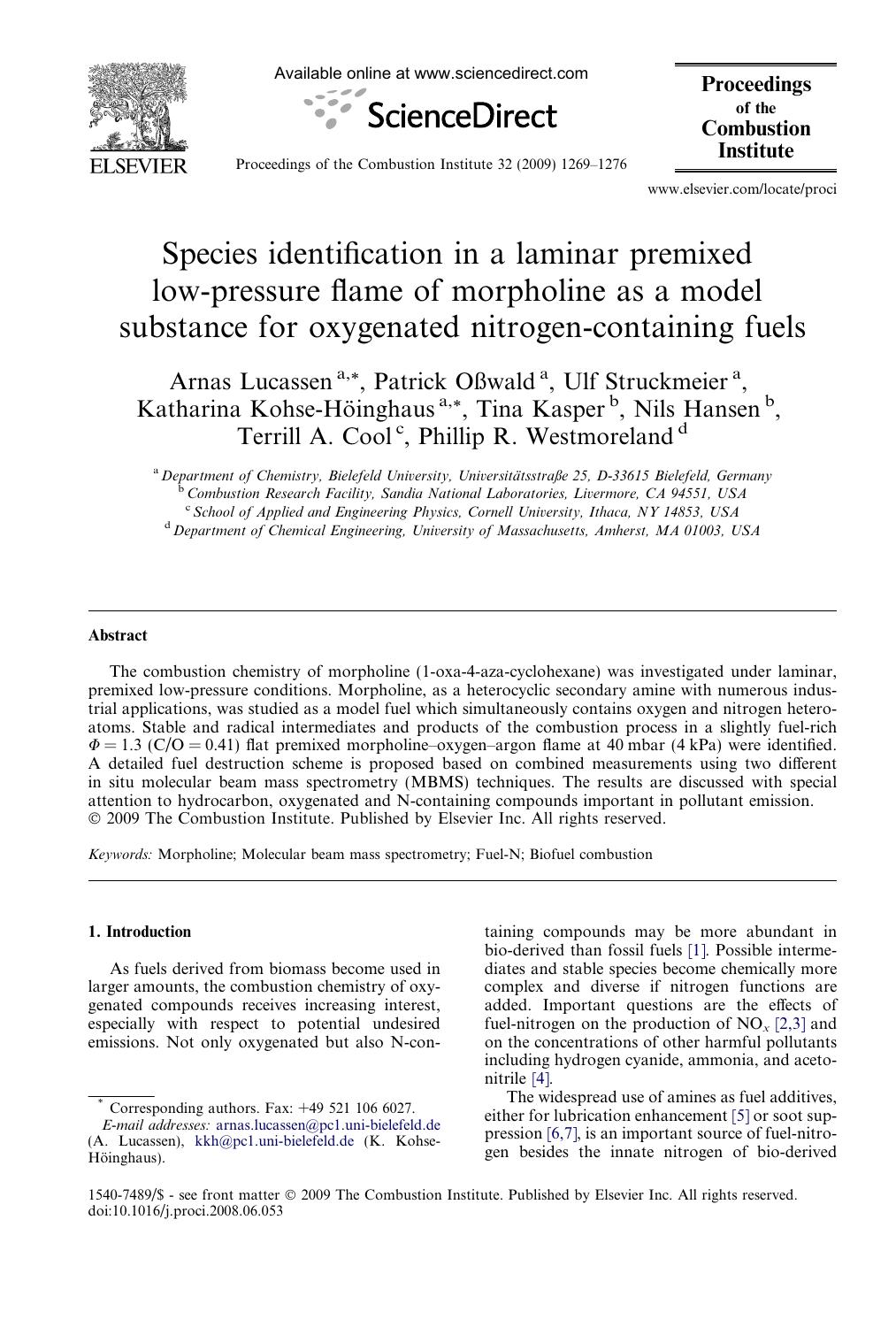 Species identification in a laminar premixed low-pressure flame of morpholine as a model substance for oxygenated nitrogen-containing fuels by unknow