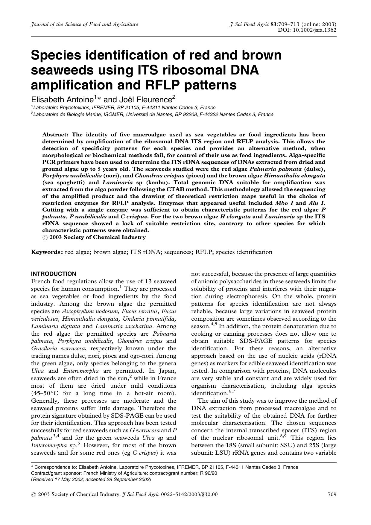 Species identification of red and brown seaweeds using ITS ribosomal DNA amplification and RFLP patterns by Unknown
