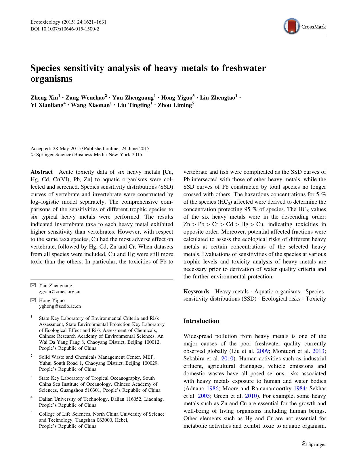 Species sensitivity analysis of heavy metals to freshwater organisms by unknow