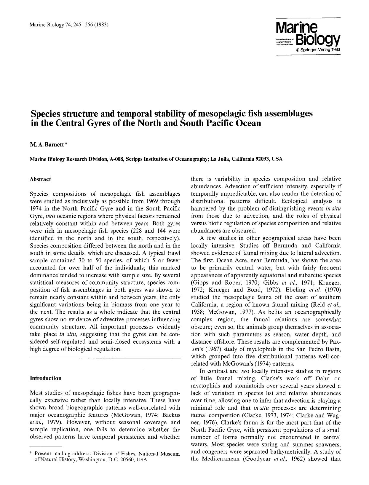 Species structure and temporal stability of mesopelagic fish assemblages in the Central Gyres of the North and South Pacific Ocean by Unknown