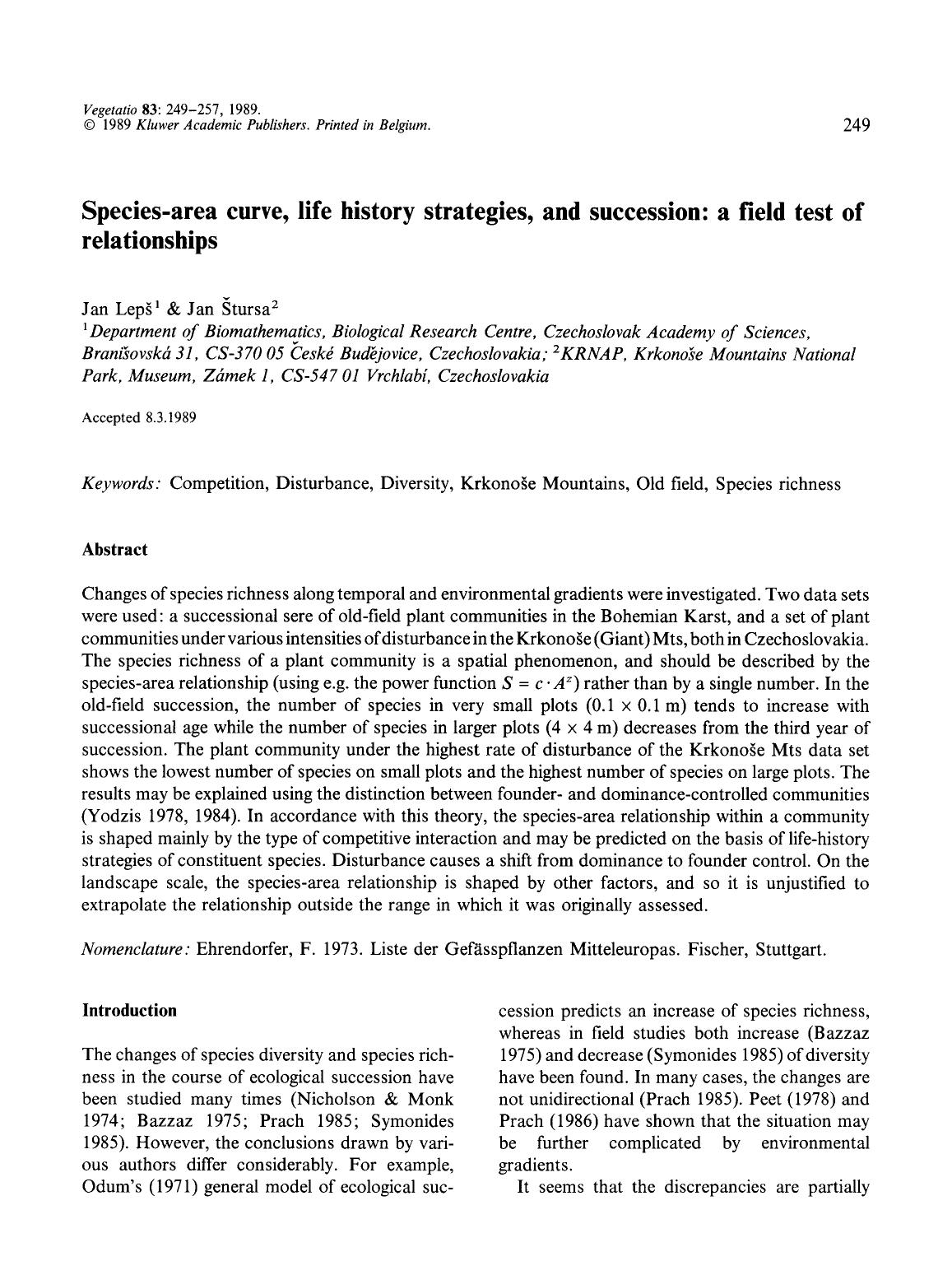 Species-area curve, life history strategies, and succession: a field test of relationships by Unknown