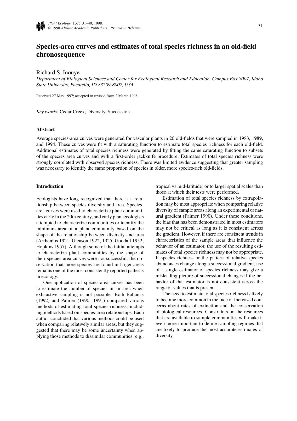 Species-area curves and estimates of total species richness in an old-field chronosequence by Unknown