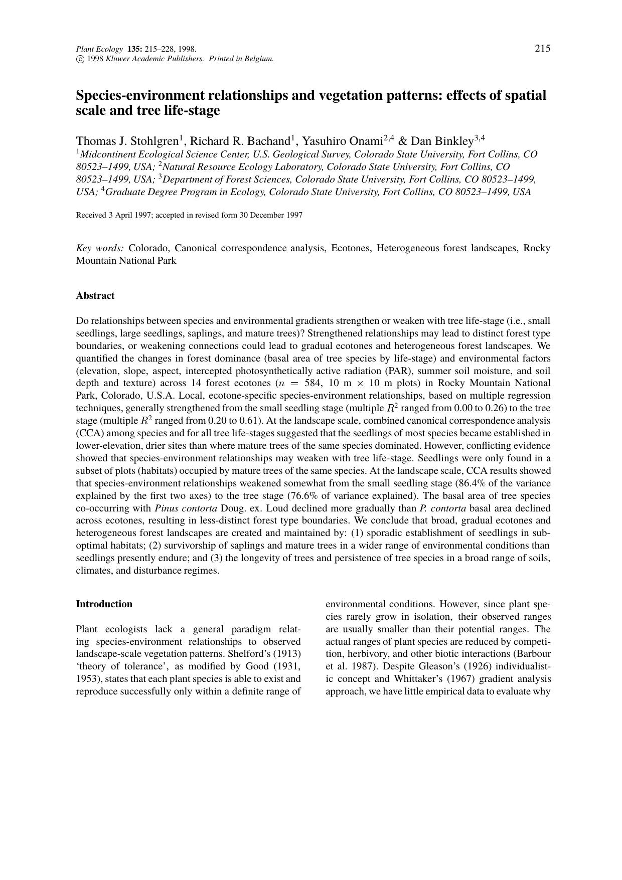 Species-environment relationships and vegetation patterns: effects of spatial scale and tree life-stage by Unknown
