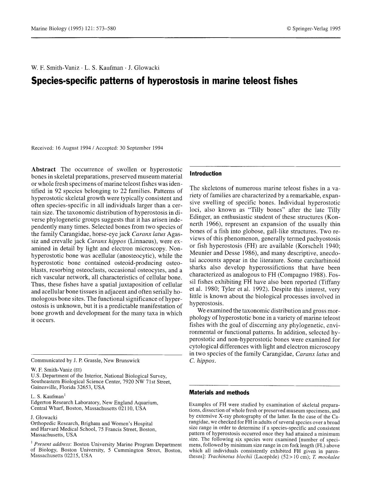 Species-specific patterns of hyperostosis in marine teleost fishes by Unknown