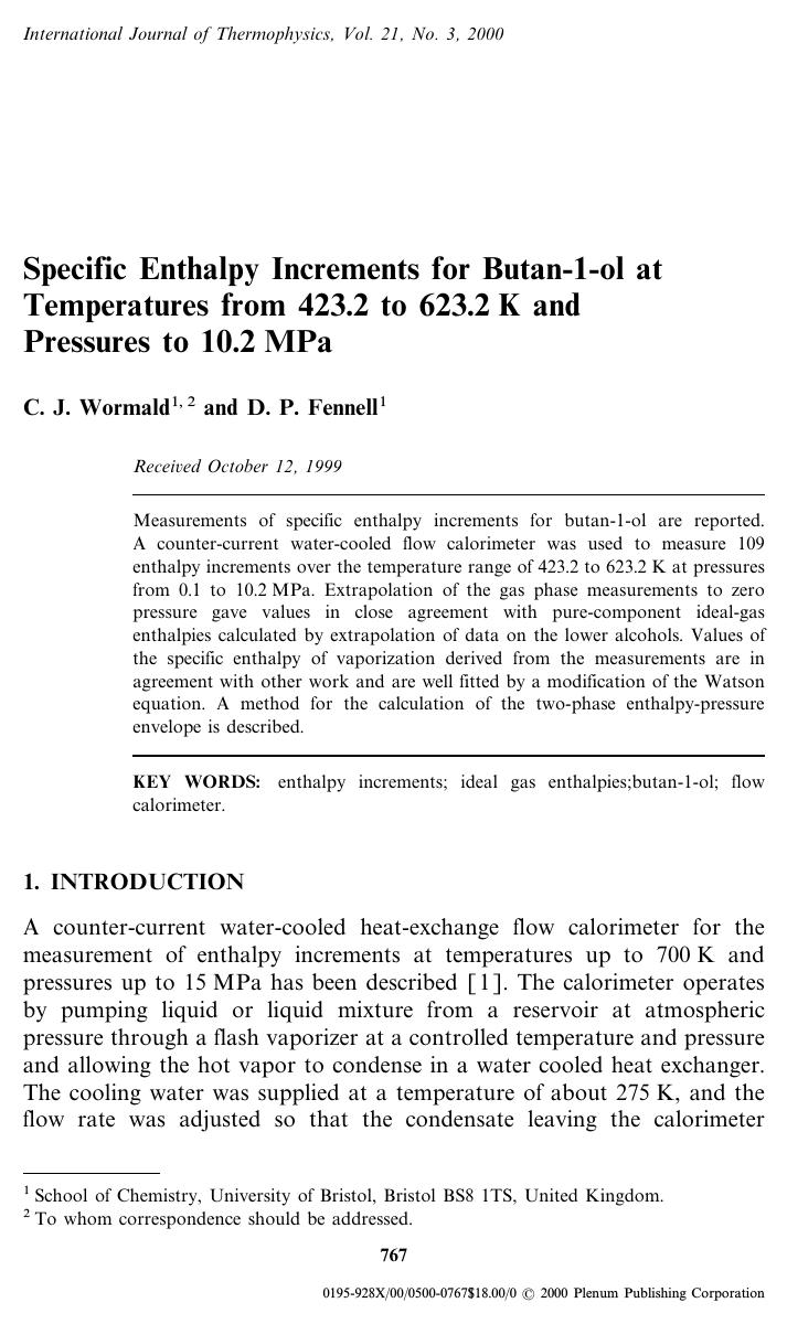 Specific Enthalpy Increments for Butan-1-ol at Temperatures from 423.2 to 623.2 K and Pressures to 10.2 MPa by Unknown