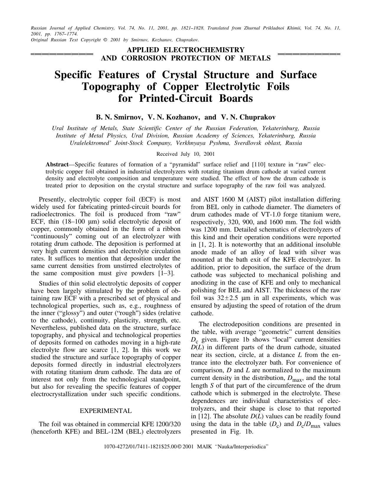 Specific Features of Crystal Structure and Surface Topography of Copper Electrolytic Foils for Printed-Circuit Boards by Unknown