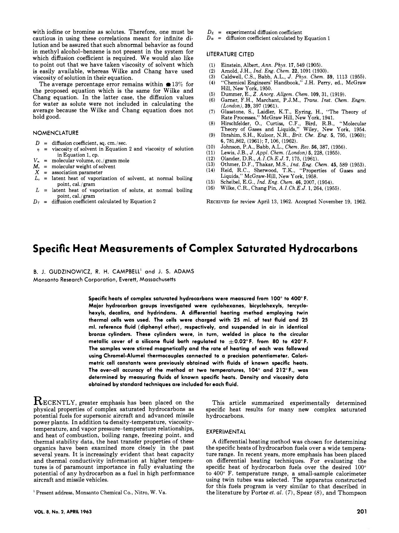 Specific Heat Measurements of Complex Saturated Hydrocarbons. by B. J. Gudzinowicz R. H. Campbell J. S. Adams