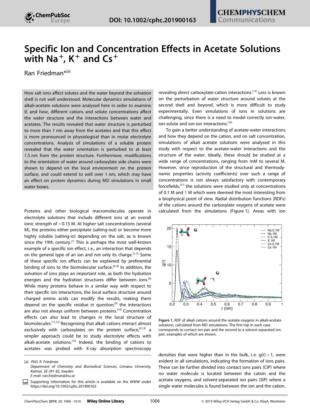 Specific Ion and Concentration Effects in Acetate Solutions with Na+, K+ and Cs+ by Unknown