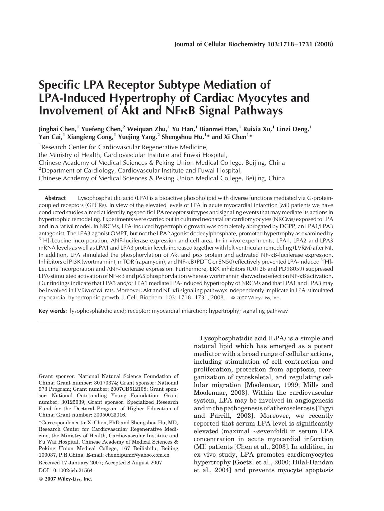 Specific LPA receptor subtype mediation of LPA-induced hypertrophy of cardiac myocytes and involvement of Akt and NF[kappa]B signal pathways by Unknown