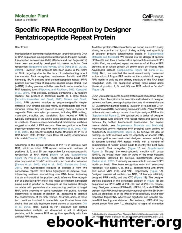 Specific RNA Recognition by Designer Pentatricopeptide Repeat Protein by Cuicui Shen & Xiang Wang & Yexing Liu & Quanxiu Li & Zhao Yang & Nieng Yan & Tingting Zou & Ping Yin