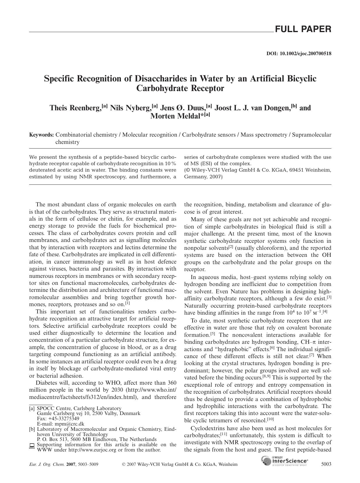 Specific Recognition of Disaccharides in Water by an Artificial Bicyclic Carbohydrate Receptor by Unknown