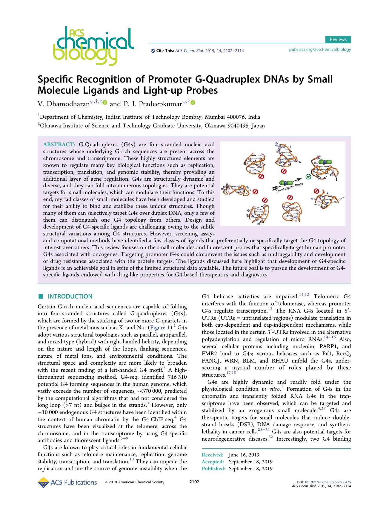Specific Recognition of Promoter G-Quadruplex DNAs by Small Molecule Ligands and Light-up Probes by V. Dhamodharan and P. I. Pradeepkumar