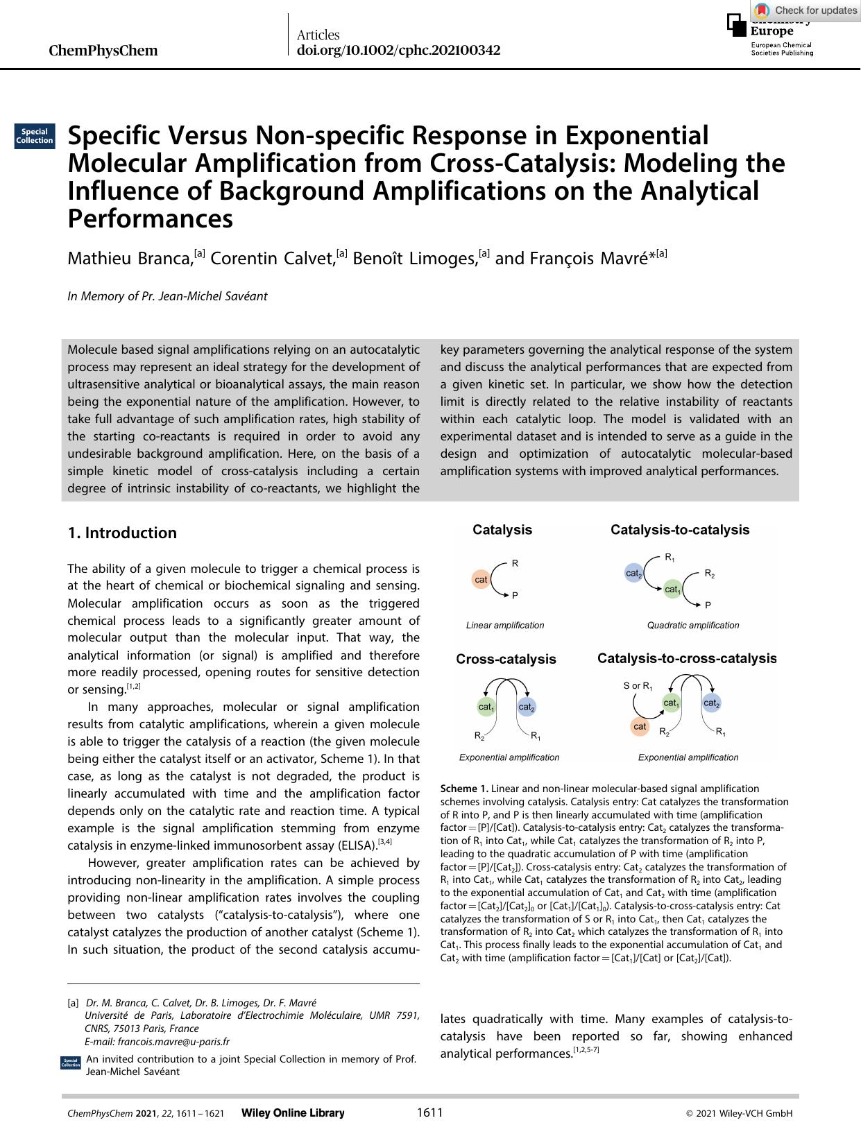Specific Versus Nonâspecific Response in Exponential Molecular Amplification from CrossâCatalysis: Modeling the Influence of Background Amplifications on the Analytical Performances by Unknown