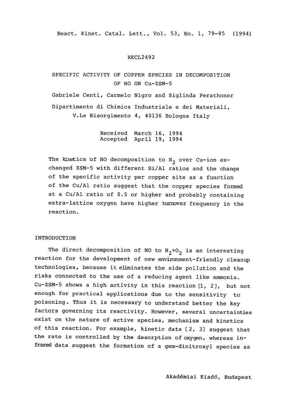 Specific activity of copper species in decomposition of NO on Cu-ZSM-5 by Unknown