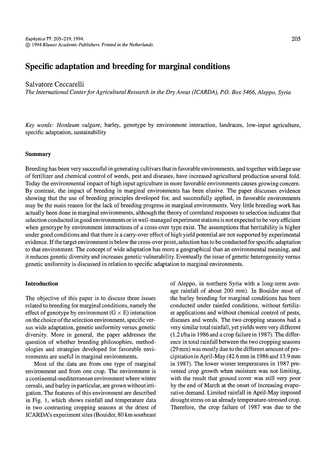 Specific adaptation and breeding for marginal conditions by Unknown