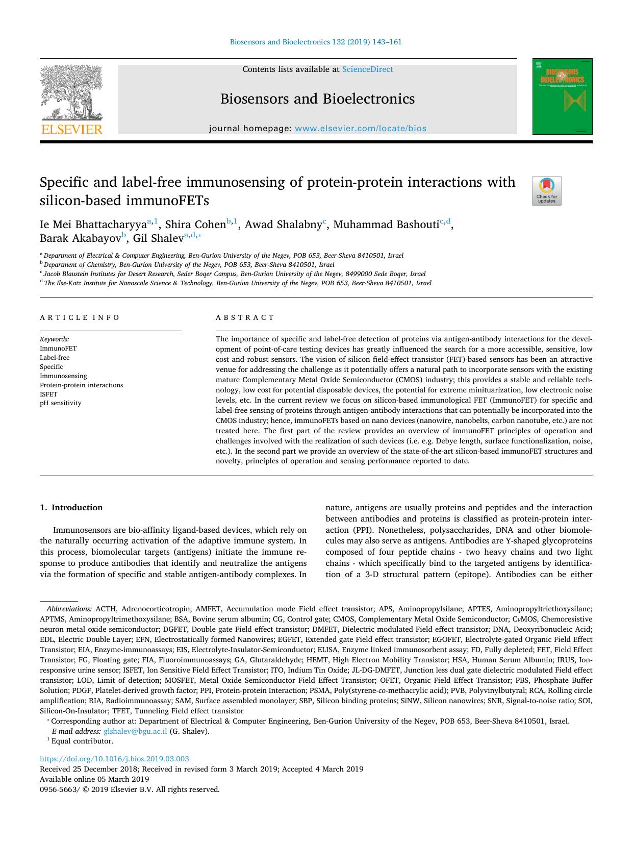 Specific and label-free immunosensing of protein-protein interactions with silicon-based immunoFETs by Ie Mei Bhattacharyya & Shira Cohen & Awad Shalabny & Muhammad Bashouti & Barak Akabayov & Gil Shalev