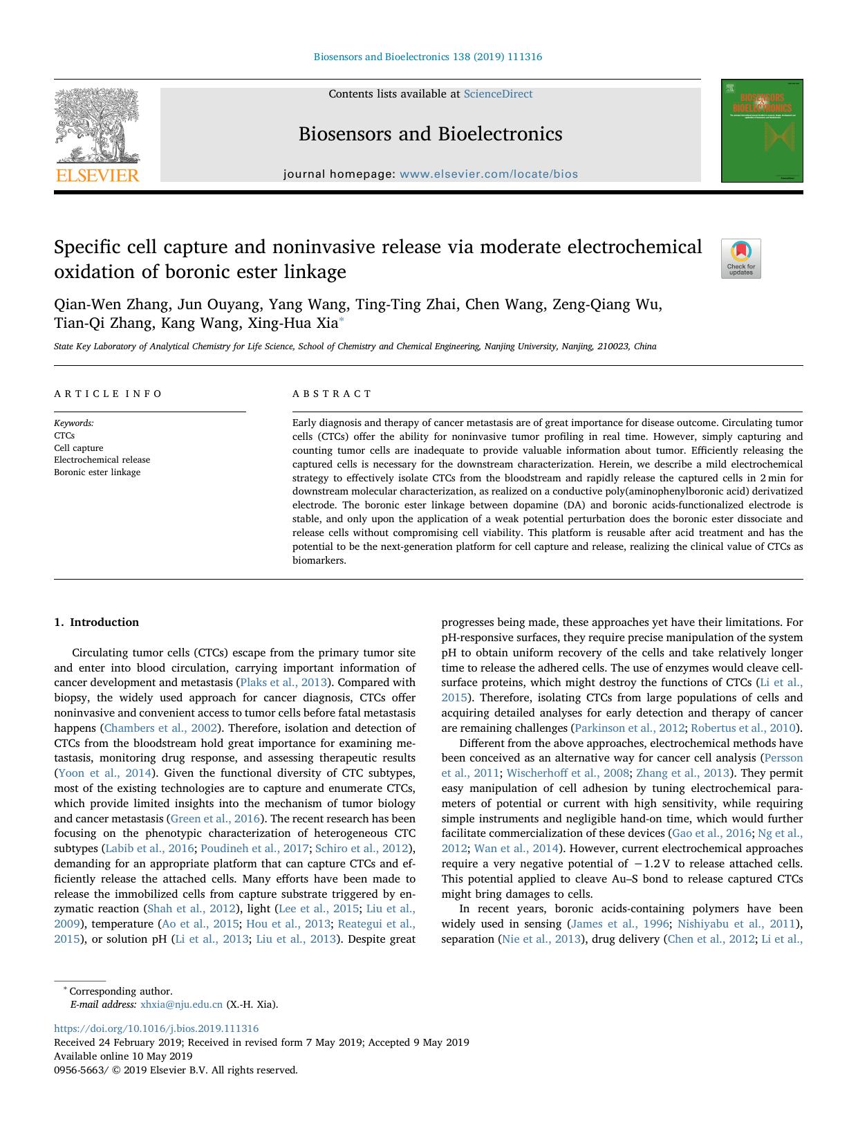 Specific cell capture and noninvasive release via moderate electrochemical oxidation of boronic ester linkage by Qian-Wen Zhang