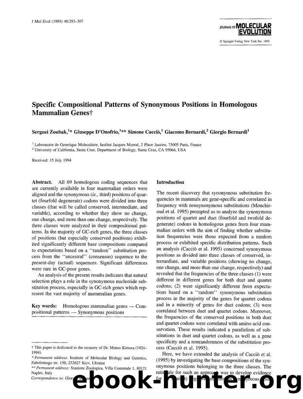 Specific compositional patterns of synonymous positions in homologous mammalian genes by Unknown