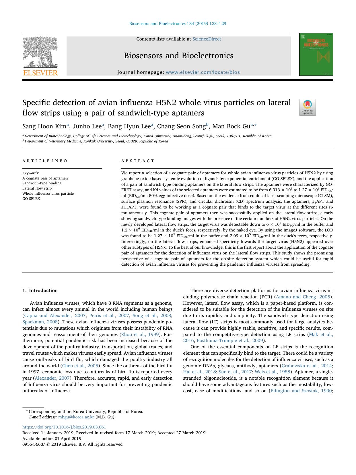 Specific detection of avian influenza H5N2 whole virus particles on lateral flow strips using a pair of sandwich-type aptamers by Sang Hoon Kim & Junho Lee & Bang Hyun Lee & Chang-Seon Song & Man Bock Gu
