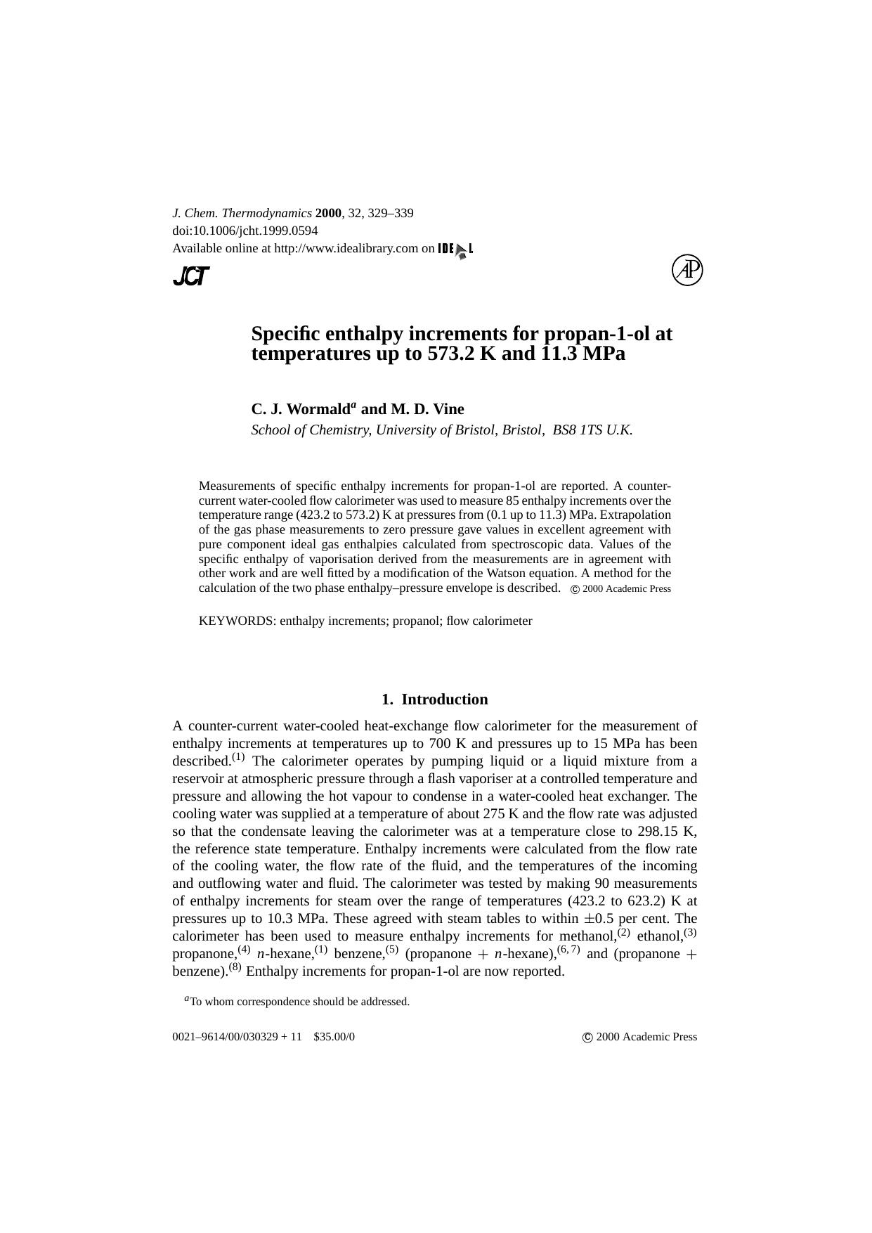 Specific enthalpy increments for propan-1-ol at temperatures up to 573.2 K and 11.3 MPa by C. J. Wormald & M. D. Vine